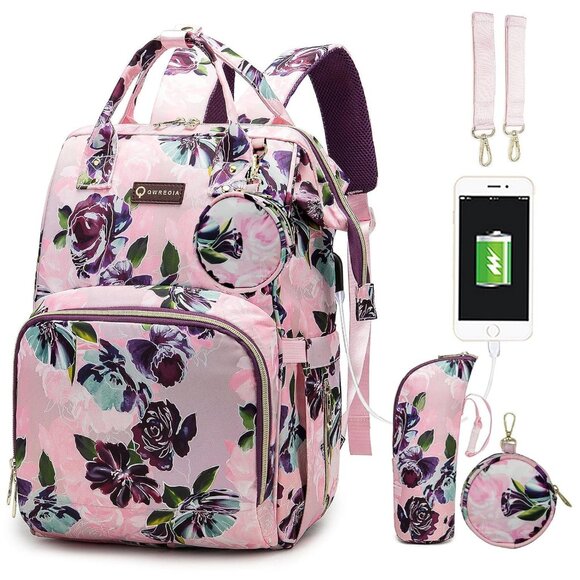 Floral Diaper Bag Backpack Rose Flower Pattern For Women/Mum - Picture 1 of 9